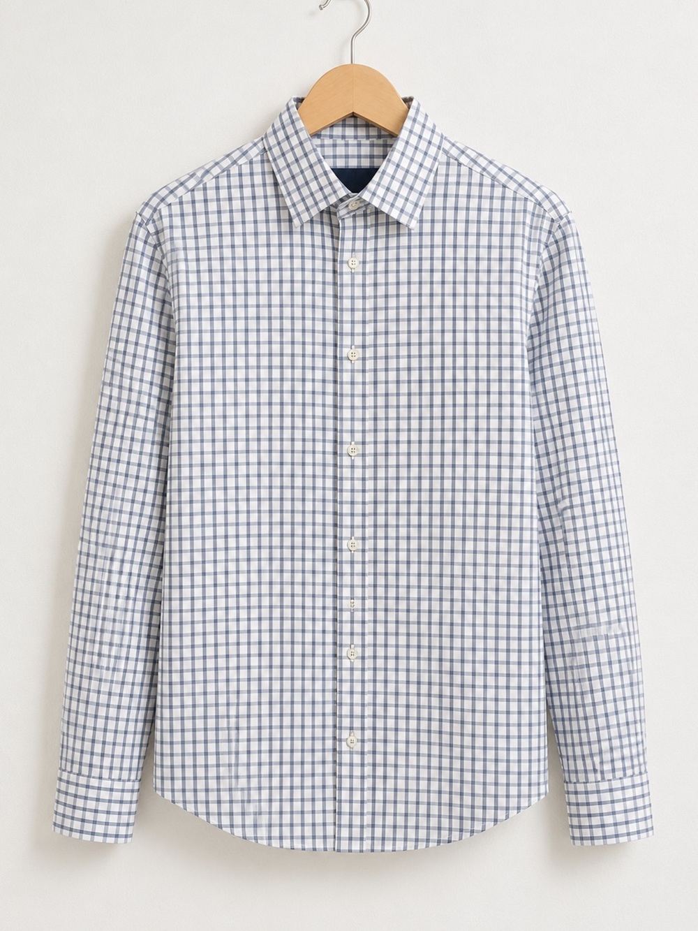 David Donahue Navy Blue & White Check Trim Plaid Button Down Cotton Dress Shirt